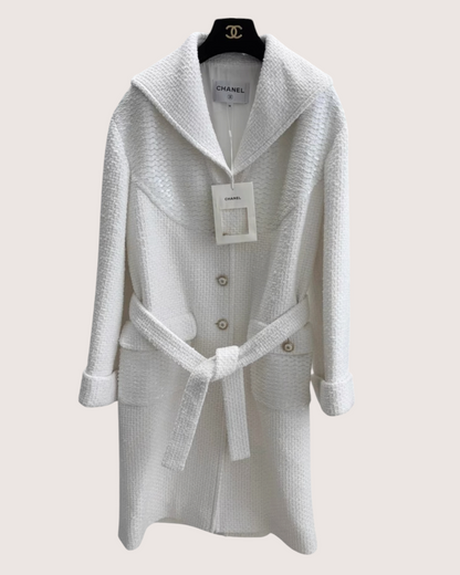 Chanel 26C Sequin Tweed Belted Coat White, Gold FR 36