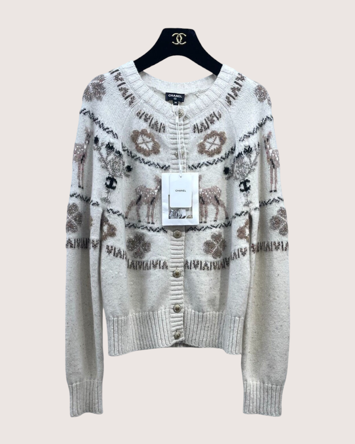 Chanel 25N Coco Neige Cashmere Deer Cardigan Beige/Ecru, Brown, Gold FR 36