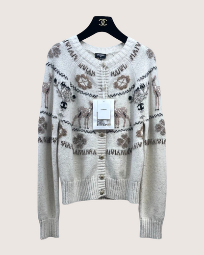 Chanel 25N Coco Neige Cashmere Deer Cardigan Beige/Ecru, Brown, Gold FR 36