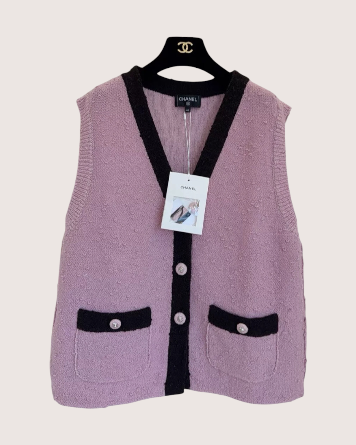 Chanel 24K V-Neck Wool Vest Pink, Black FR 40