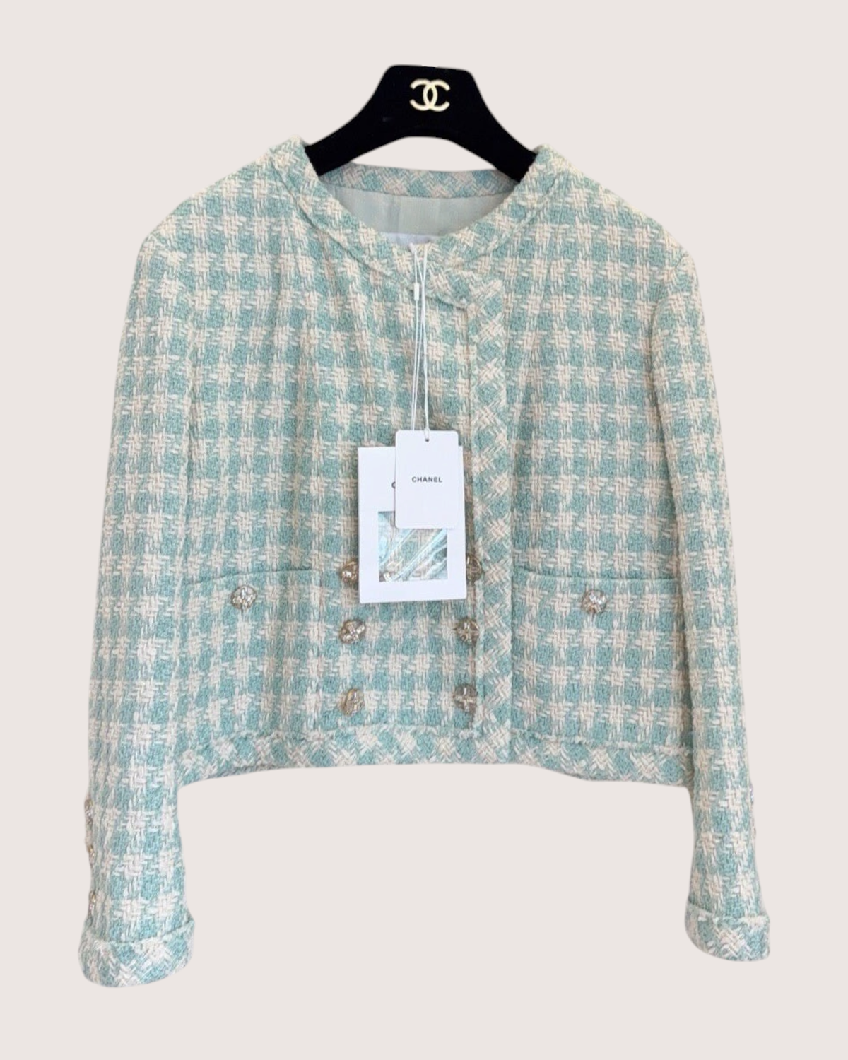 Chanel Check Tweed Cropped Jacket Green, Beige/Ecru FR 36