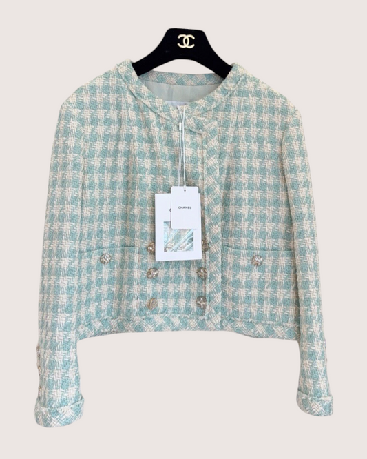 Chanel Check Tweed Cropped Jacket Green, Beige/Ecru FR 36