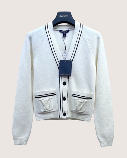 Louis Vuitton Cashmere Striped-Trim LV Logo Cardigan White, Navy FR 34