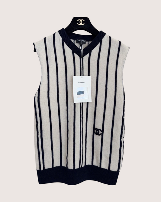 Chanel 26B Cashmere Striped Vest Beige/Ecru, Navy FR 36