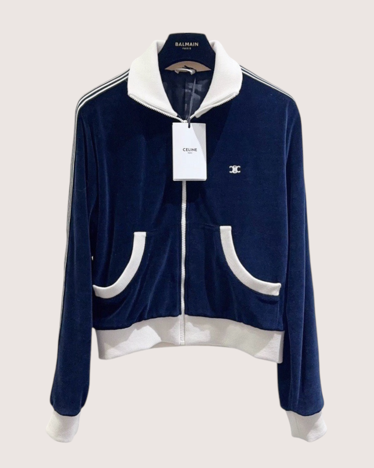 Celine Triomphe Velvet Track Jacket Navy, White FR 36