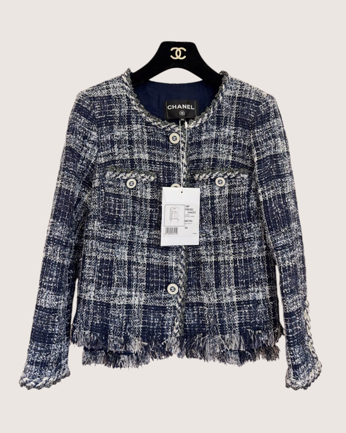 Chanel 18P Tweed Jacket Navy, White FR 34