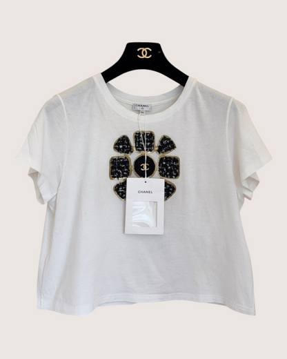 Chanel 20K Tweed Flower T-Shirt White, Black, Gold FR 34