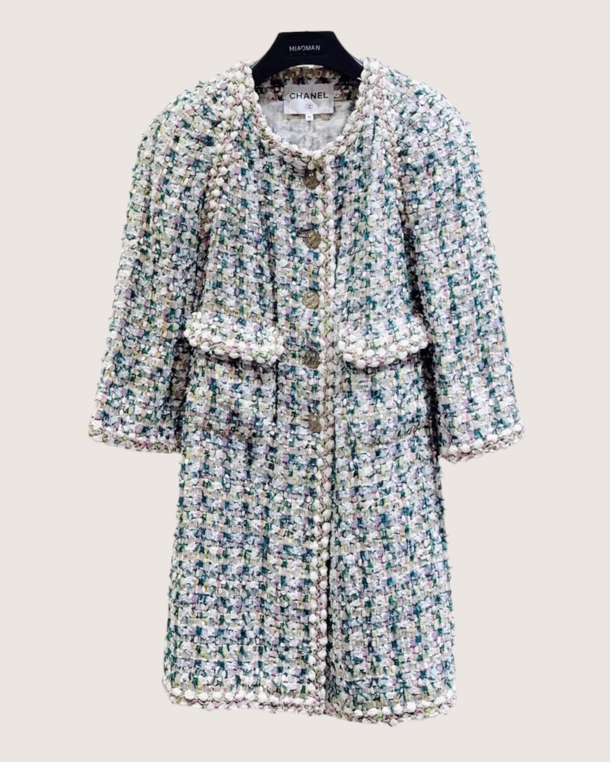 Chanel Tweed Pearl-Trim Coat Beige/Ecru, Green, Multicolor FR 38