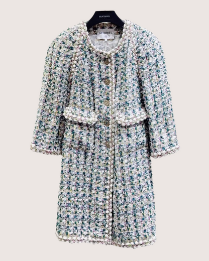 Chanel Tweed Pearl-Trim Coat Beige/Ecru, Green, Multicolor FR 38