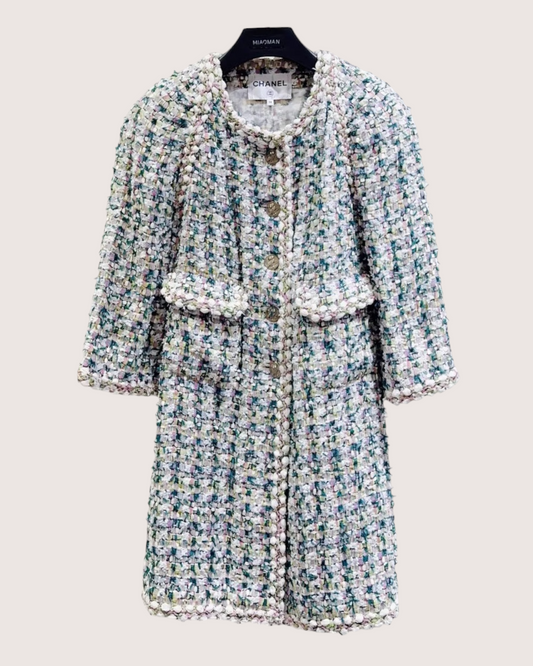 Chanel Tweed Pearl-Trim Coat Beige/Ecru, Green, Multicolor FR 38