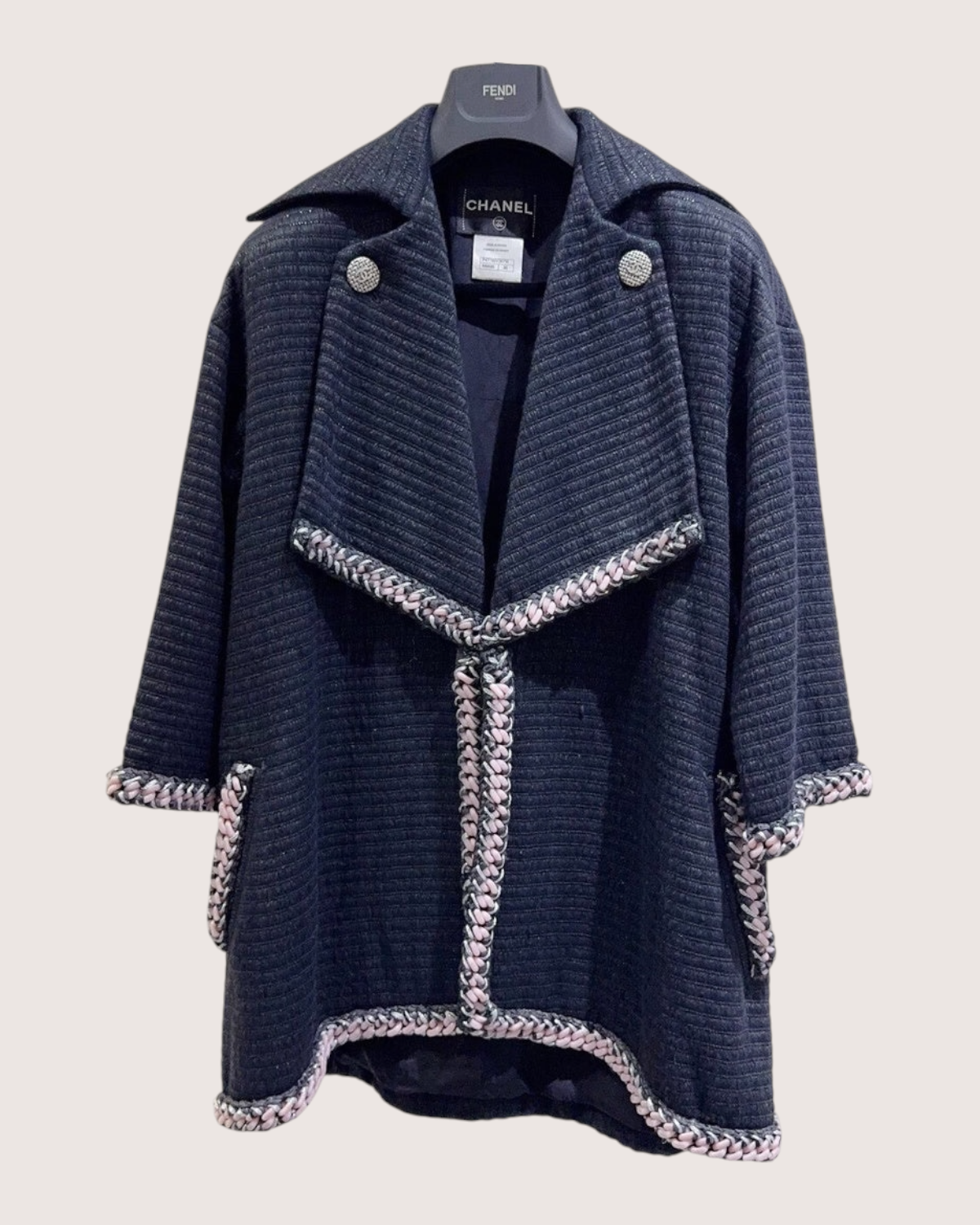 Chanel Braid-Trim Tweed Coat Navy, Multicolor FR 36