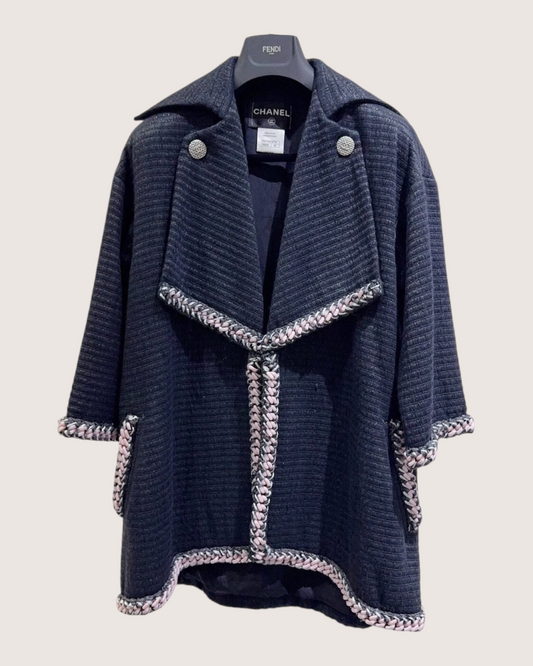 Chanel 14P Braid-Trim Tweed Coat - Navy, Multicolor