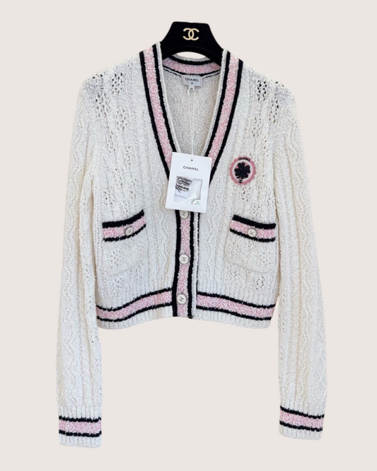 Chanel 24P Clover-Patch Openwork Cardigan White, Pink, Black FR 38