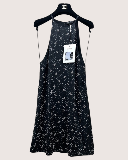 Chanel 24B CC Dot Halter Mini Dress Black, White FR 36