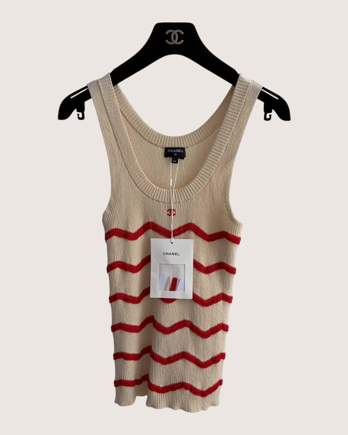 Chanel 26M Coco Beach Striped Tank Top Beige/Ecru, Red FR 34