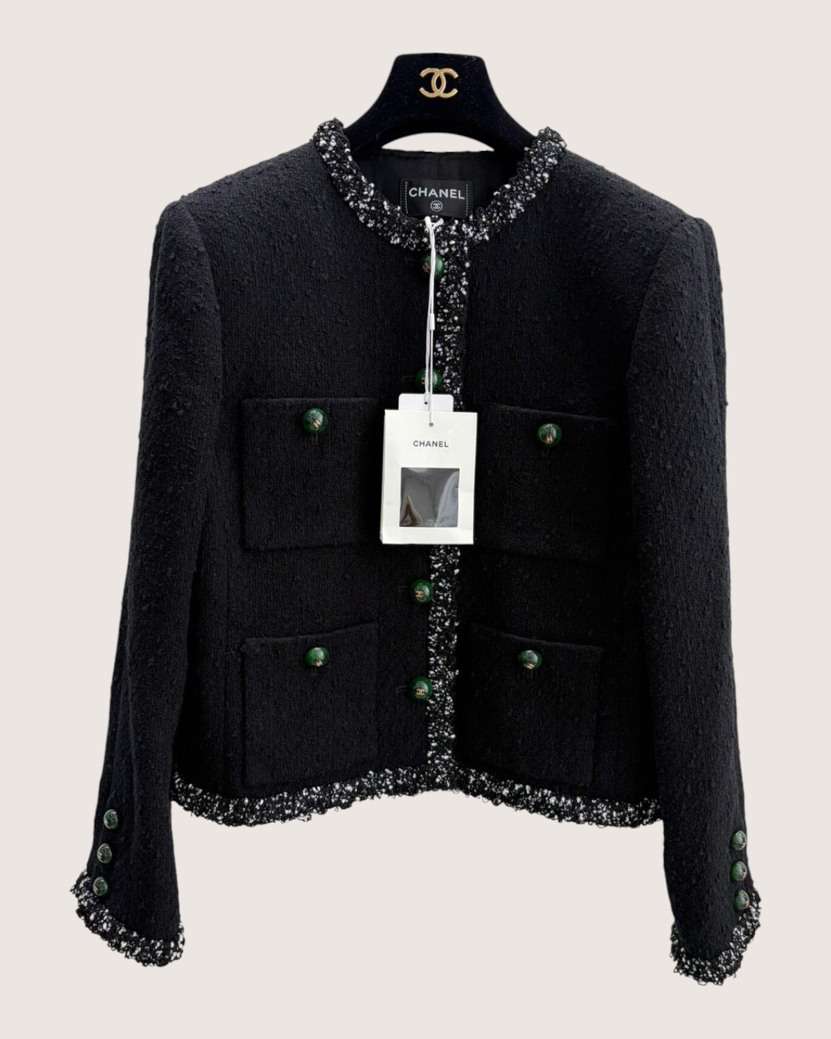 Chanel 26A Tweed Fringe-Trim Jacket Black, Green, Multicolor FR 38