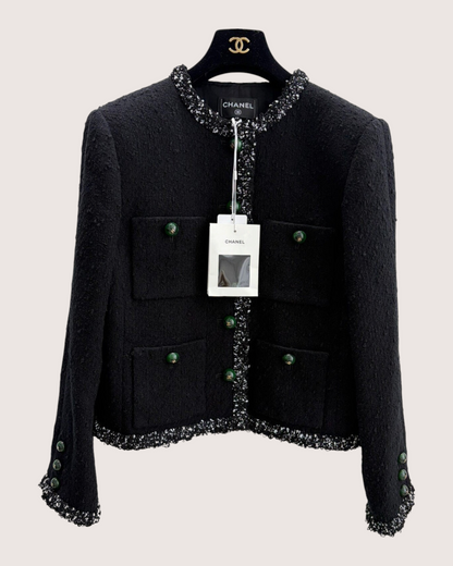 Chanel 26A Tweed Fringe-Trim Jacket Black, Green, Multicolor FR 38
