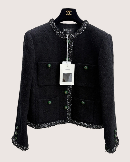 Chanel 26A Tweed Fringe-Trim Jacket Black, Green, Multicolor FR 38