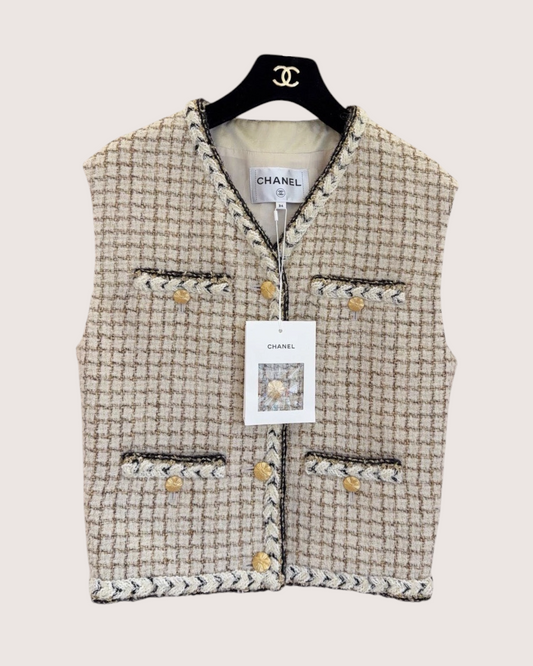 Chanel 25K Plaid Tweed Vest Beige/Ecru, Gold, Black FR 34