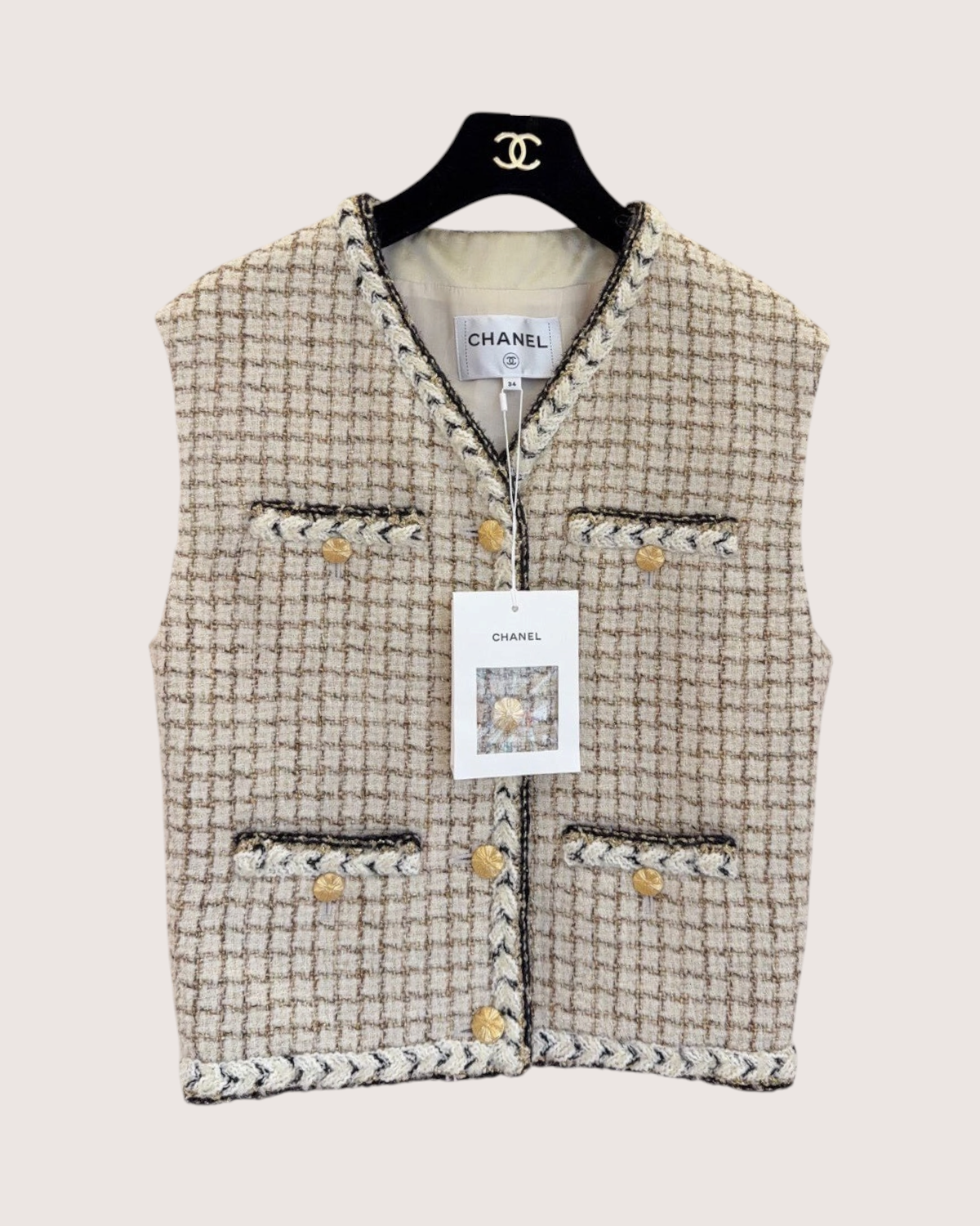 Chanel 25K Braided-Trim Plaid Tweed Vest Beige/Ecru, Brown, Gold FR 34