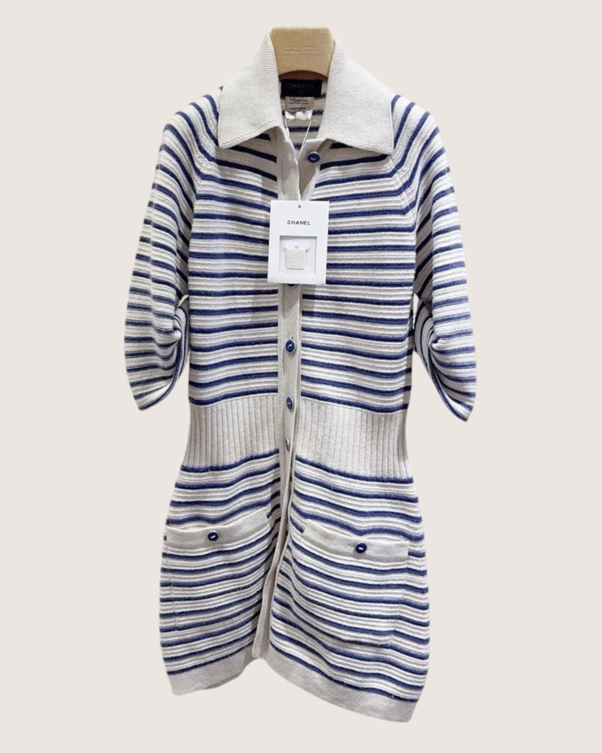 Chanel 15S Cashmere Striped Mid-Length Dress Beige/Ecru, Navy FR 38