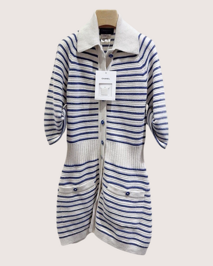 Chanel 15S Cashmere Striped Mid-Length Dress Beige/Ecru, Navy FR 38