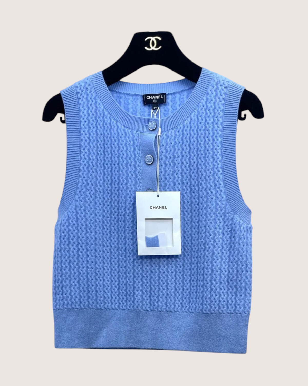 Chanel 24B Cashmere Cable-Stitch Vest Blue FR 34