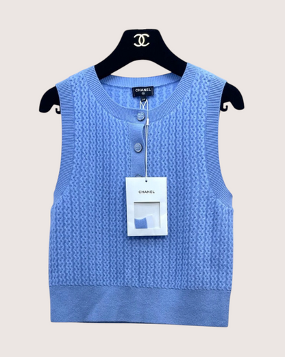 Chanel 24B Cashmere Cable-Stitch Vest Blue FR 34