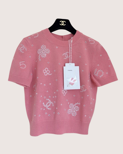 Chanel 23P Cashmere Embroidered Short-Sleeve Sweater Pink, White FR 34