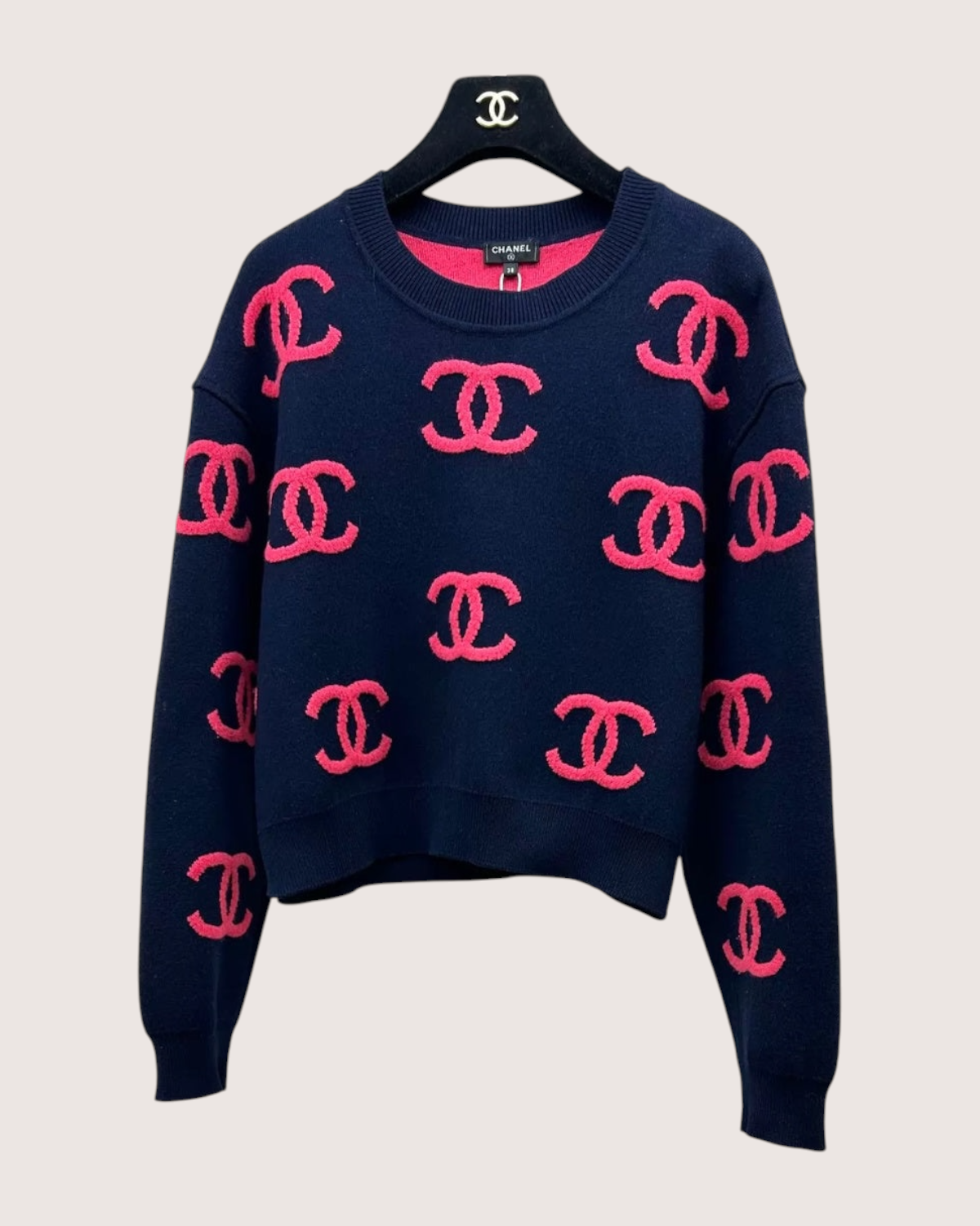 Chanel 21P CC Monogram Cashmere Sweater Navy, Pink FR 38