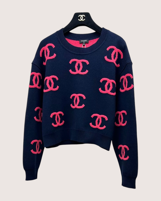 Chanel 21P CC Monogram Cashmere Sweater - Navy, Pink