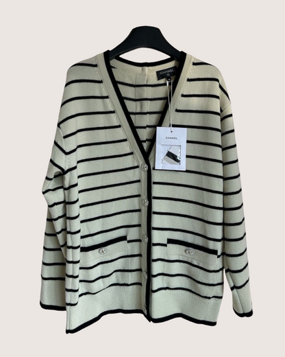 Chanel 25S Cashmere Striped Two-Way Cardigan Beige/Ecru, Black FR 34