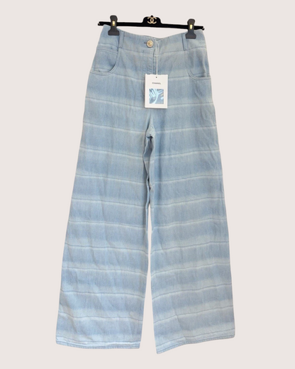 Chanel 26C Striped Denim Wide-Leg Jeans Blue, White FR 38