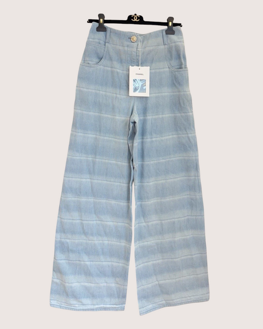 Chanel 26C Striped Denim Wide-Leg Jeans Blue, White FR 38