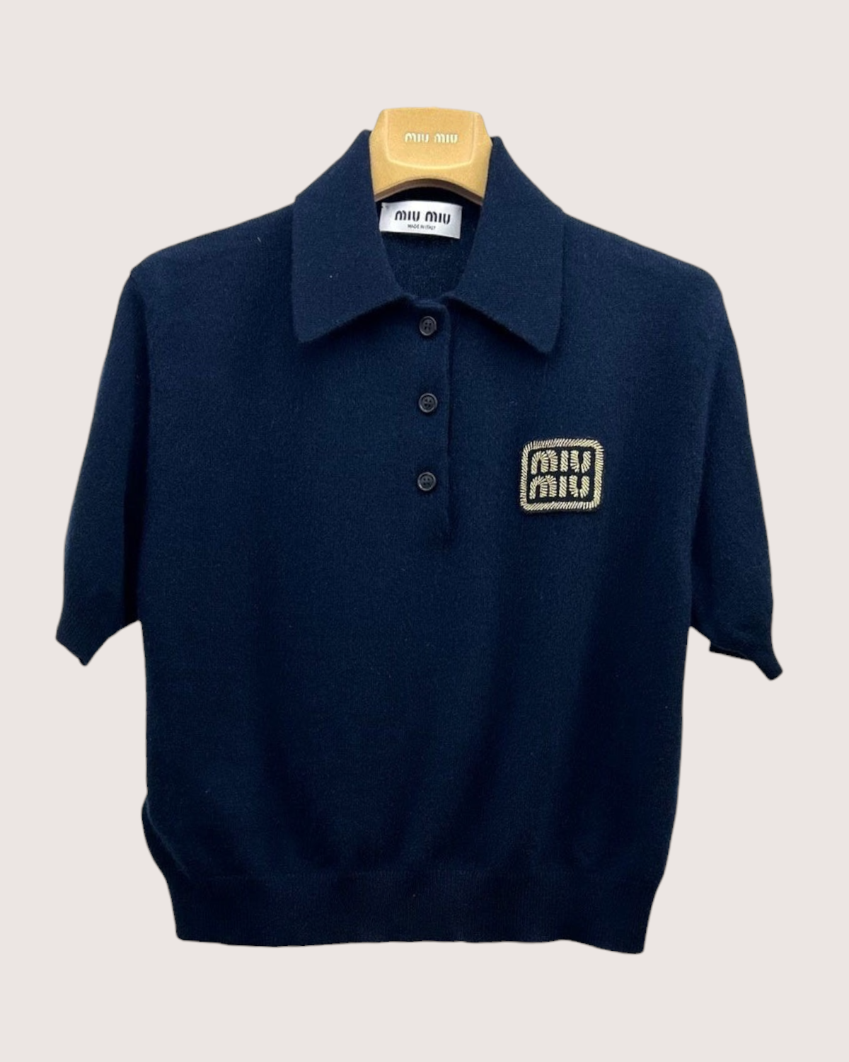 Miu Miu Cashmere Logo Polo Top Navy, Gold FR 34