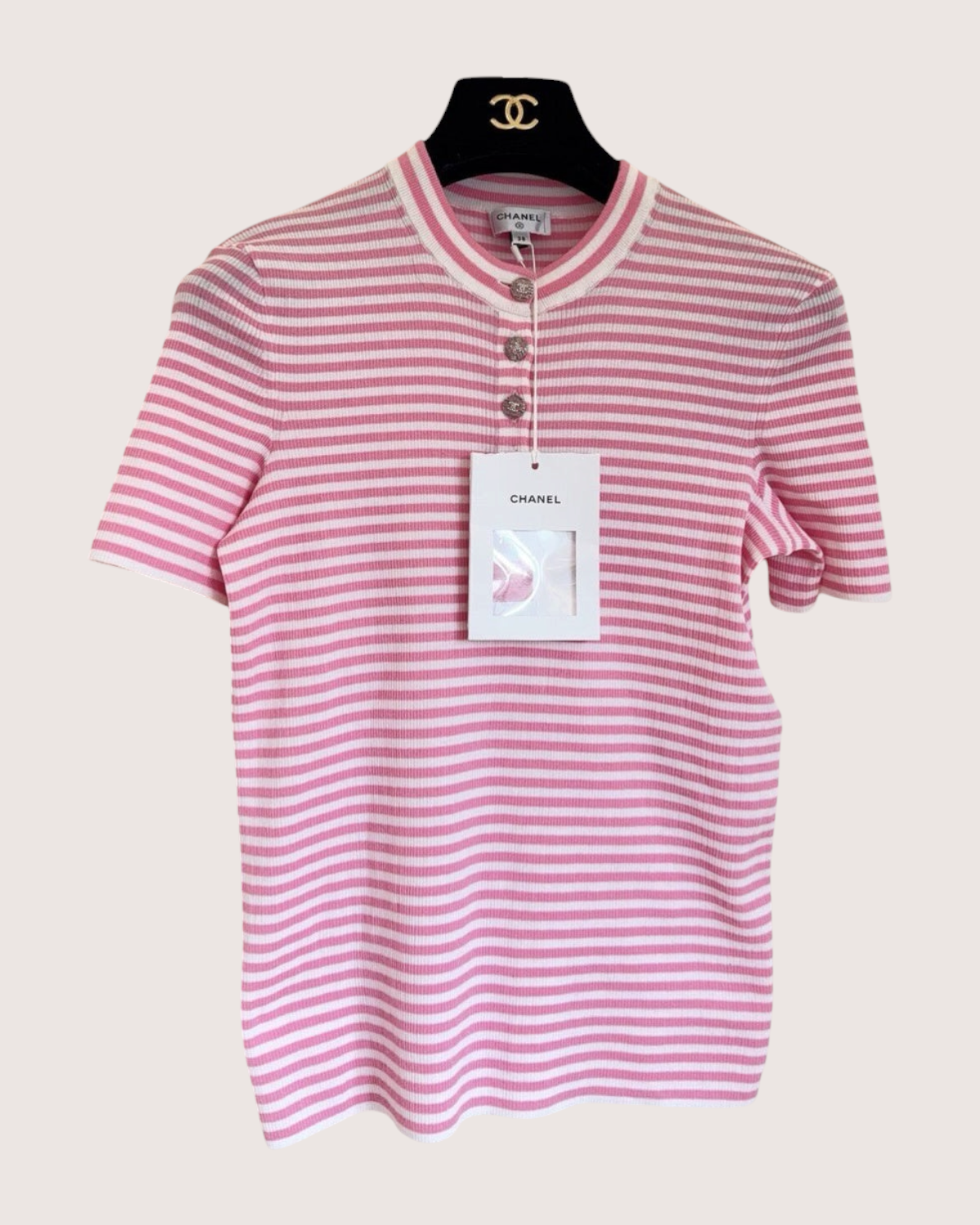 Chanel 24C Striped Short-Sleeve Sweater Pink, White FR 38