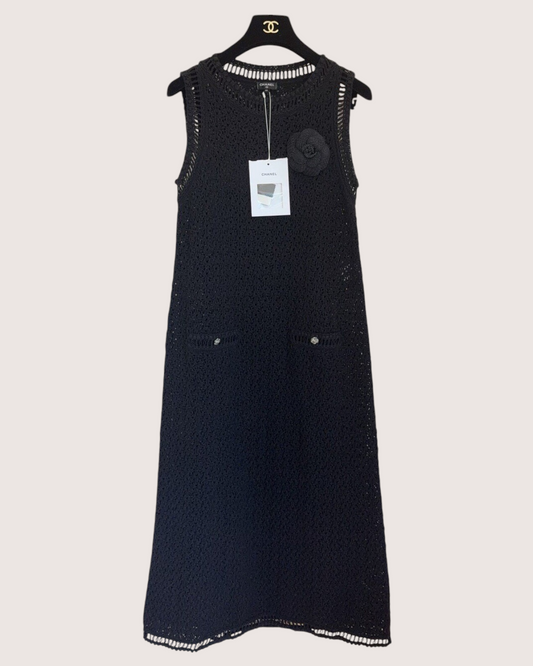 Chanel 20P Camellia Openwork Maxi Dress Black FR 40