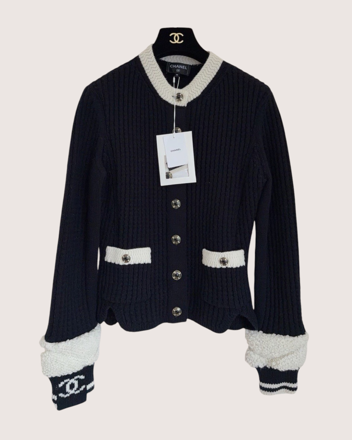 Chanel 25N Coco Neige Wool Ski Cardigan Black, White FR 36