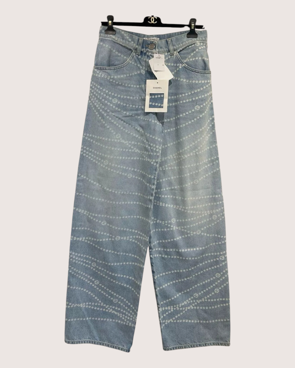 Chanel 25P Pearl Denim Wide-Leg Jeans Blue, White FR 36