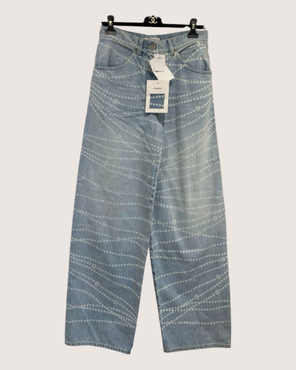 Chanel 25P Pearl Denim Wide-Leg Jeans Blue, White FR 36