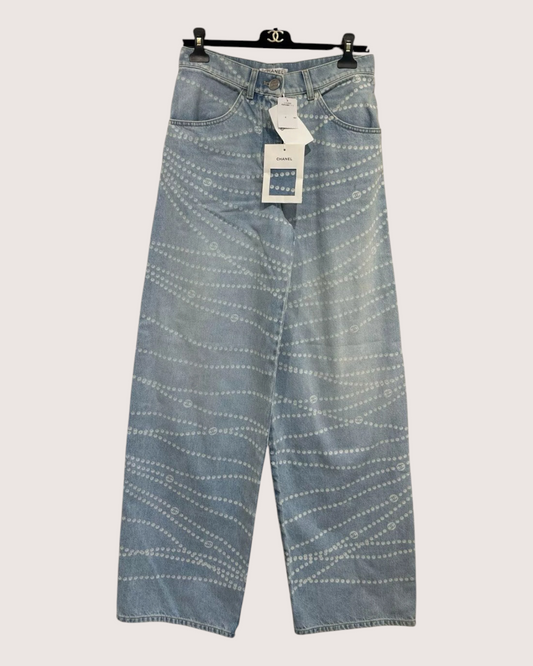 Chanel 25P Pearl Denim Wide-Leg Jeans Blue, White FR 36