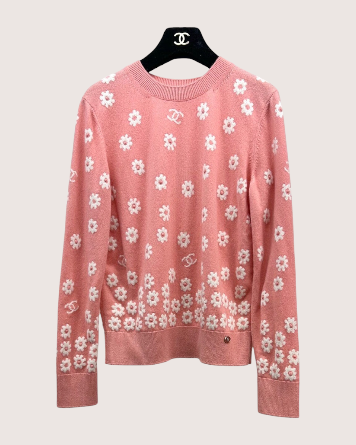 Chanel 22P Cashmere Floral CC Sweater Pink, White FR 34