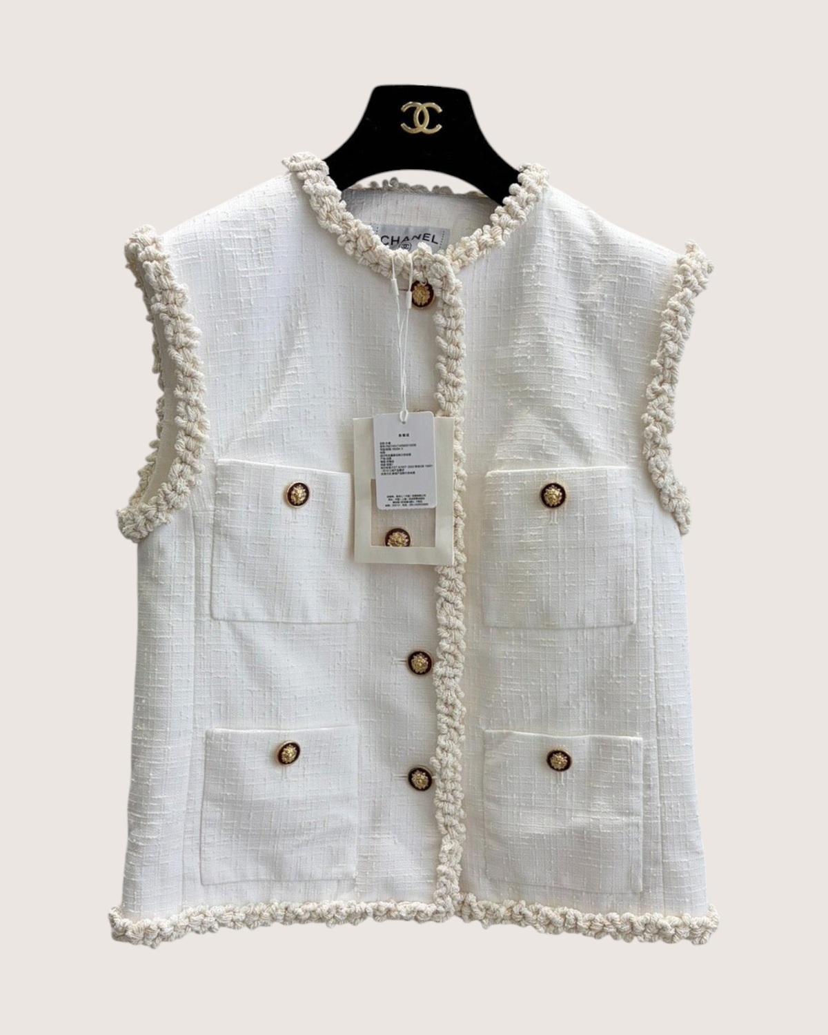 Chanel 26A Fringe-Trim Tweed Vest White FR 36