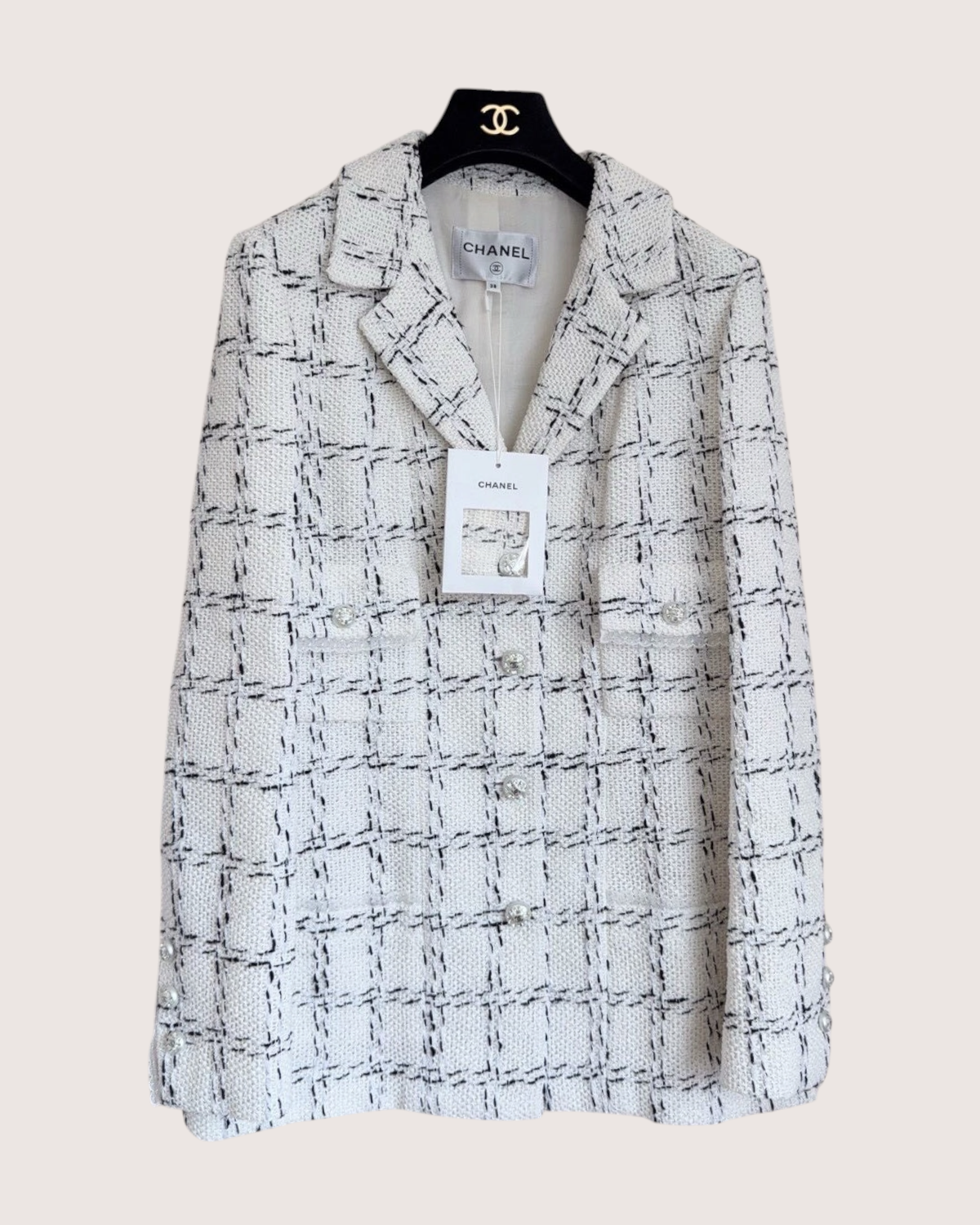 Chanel 23S Plaid Tweed Jacket White, Black FR 38