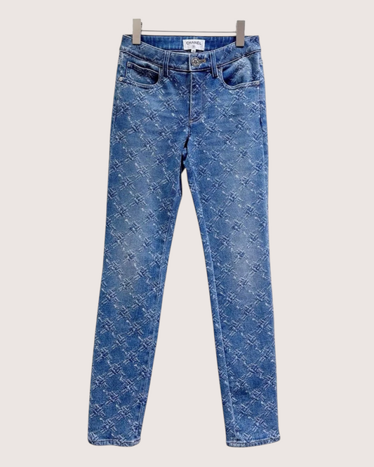 Chanel 19A Logo-Print Skinny Denim Jeans Blue, White FR 34