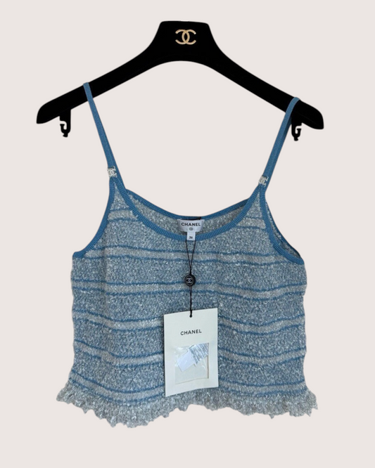 Chanel 26C Striped Bouclé Camisole Top Blue, Silver, White FR 36
