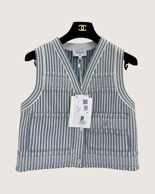 Chanel 25P Striped V-Neck Vest Blue, Beige/Ecru FR 36