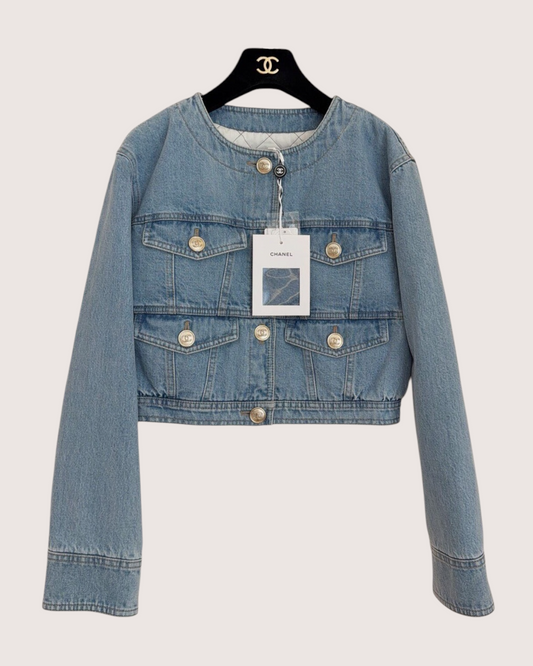 Chanel 20B Cropped Denim Jacket Blue FR 34