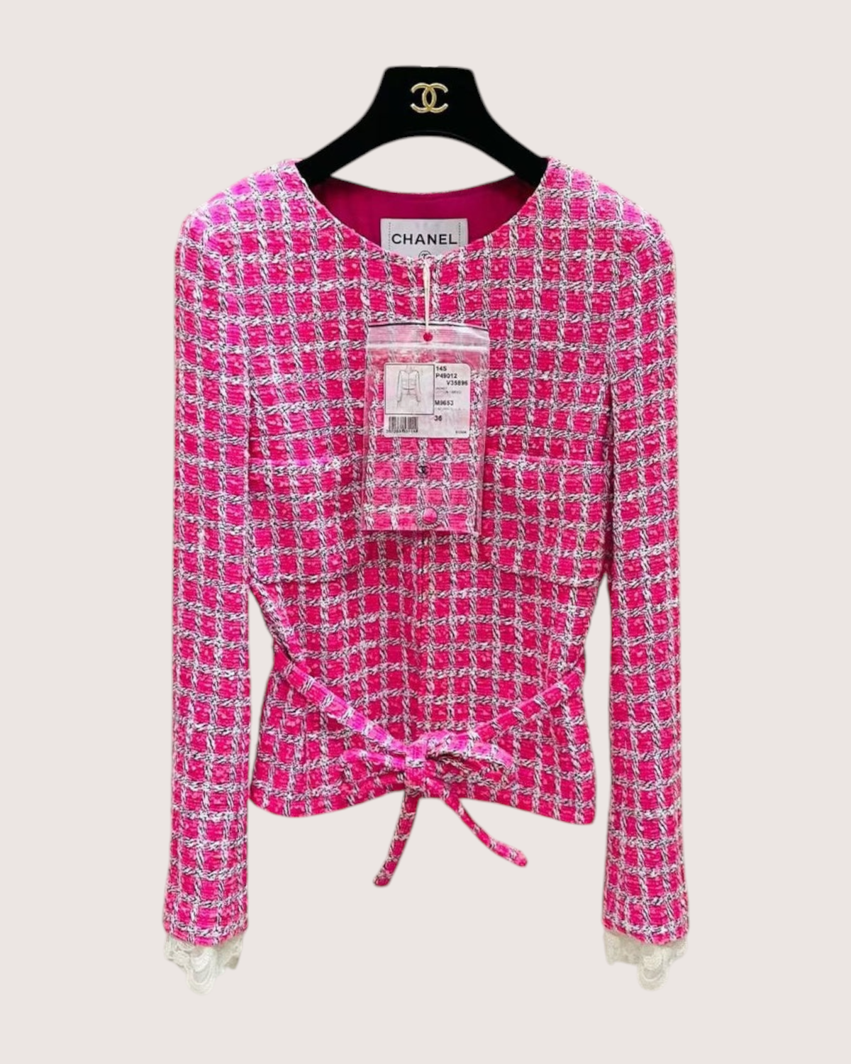 Chanel 14S Belted Tweed Jacket Pink, White, Black FR 36