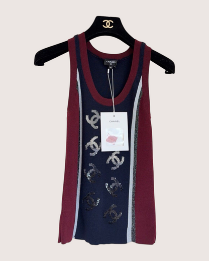 Chanel CC Sequin Logo Vest Burgundy, Navy, Silver FR 38